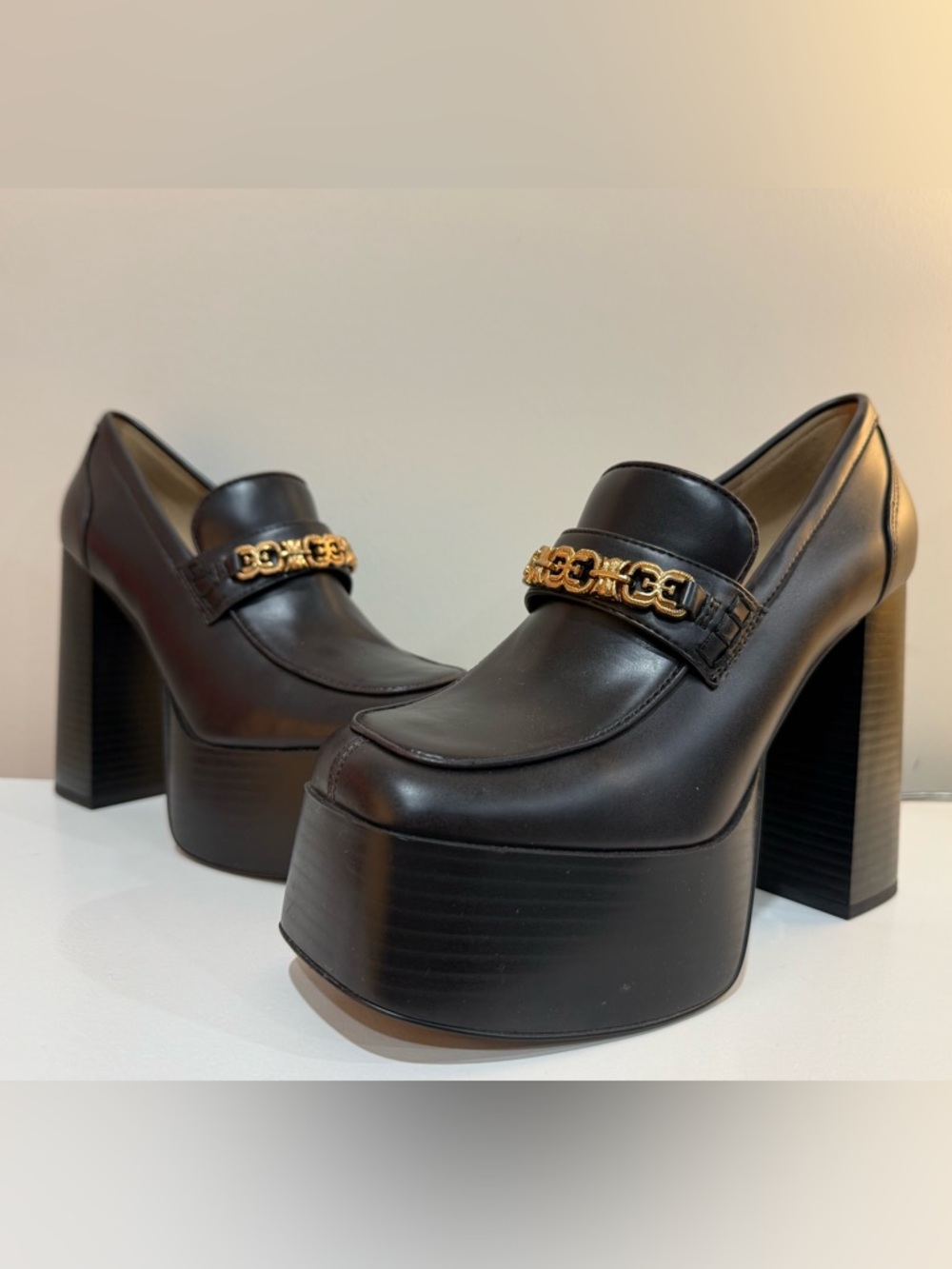 Sam Edelman Black Leather Platform Loafer with Gold Chain Accent - Picture 2 of 10
